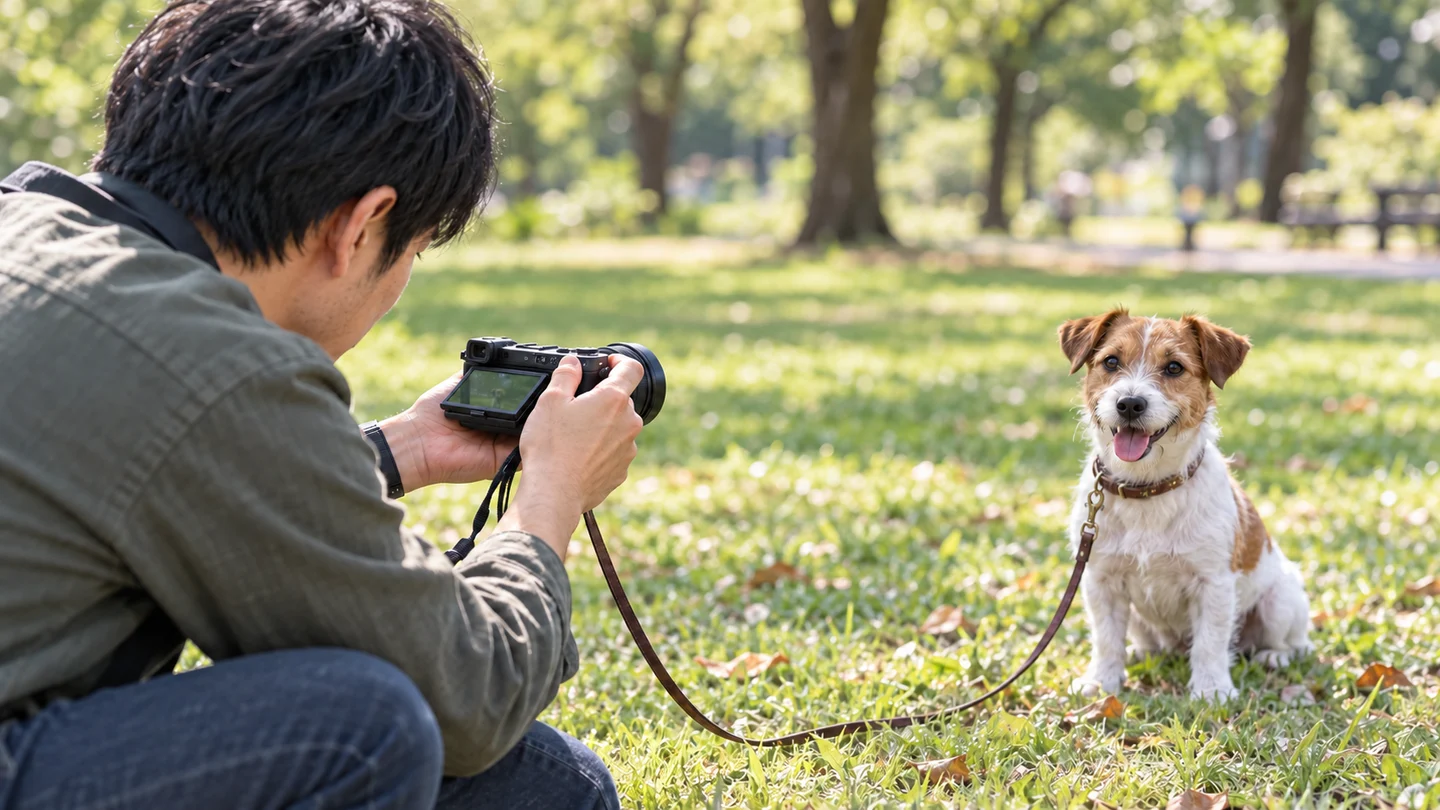公園でしゃがんだ撮影者が上向きに傾けたα6400の液晶を見て、犬へカメラを向ける場面