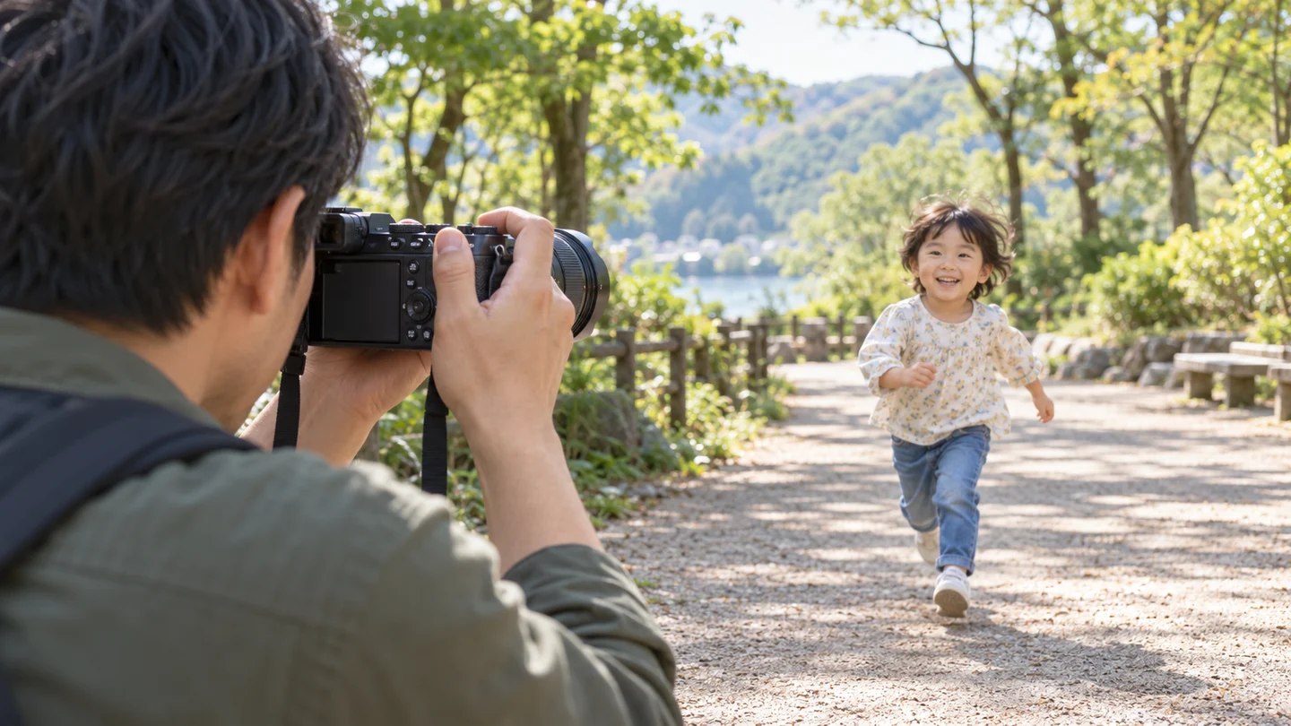 公園で走る子どもへα6700と18-135mmを向けて撮影する親の場面