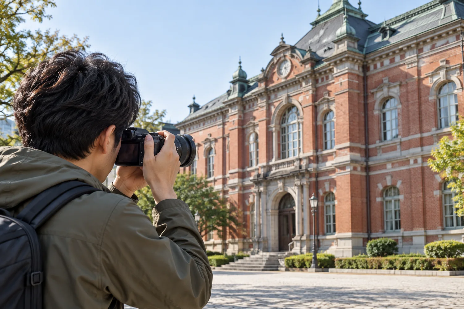 α7CRとFE20–70mm F4 Gを構える旅行者が、広場の向こうにある赤れんがの建物へレンズを向ける場面