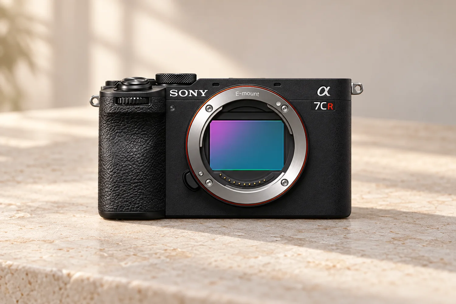 α7CRの公式正面外観を参照して生成した、レンズを外したブラックのカメラの製品画像