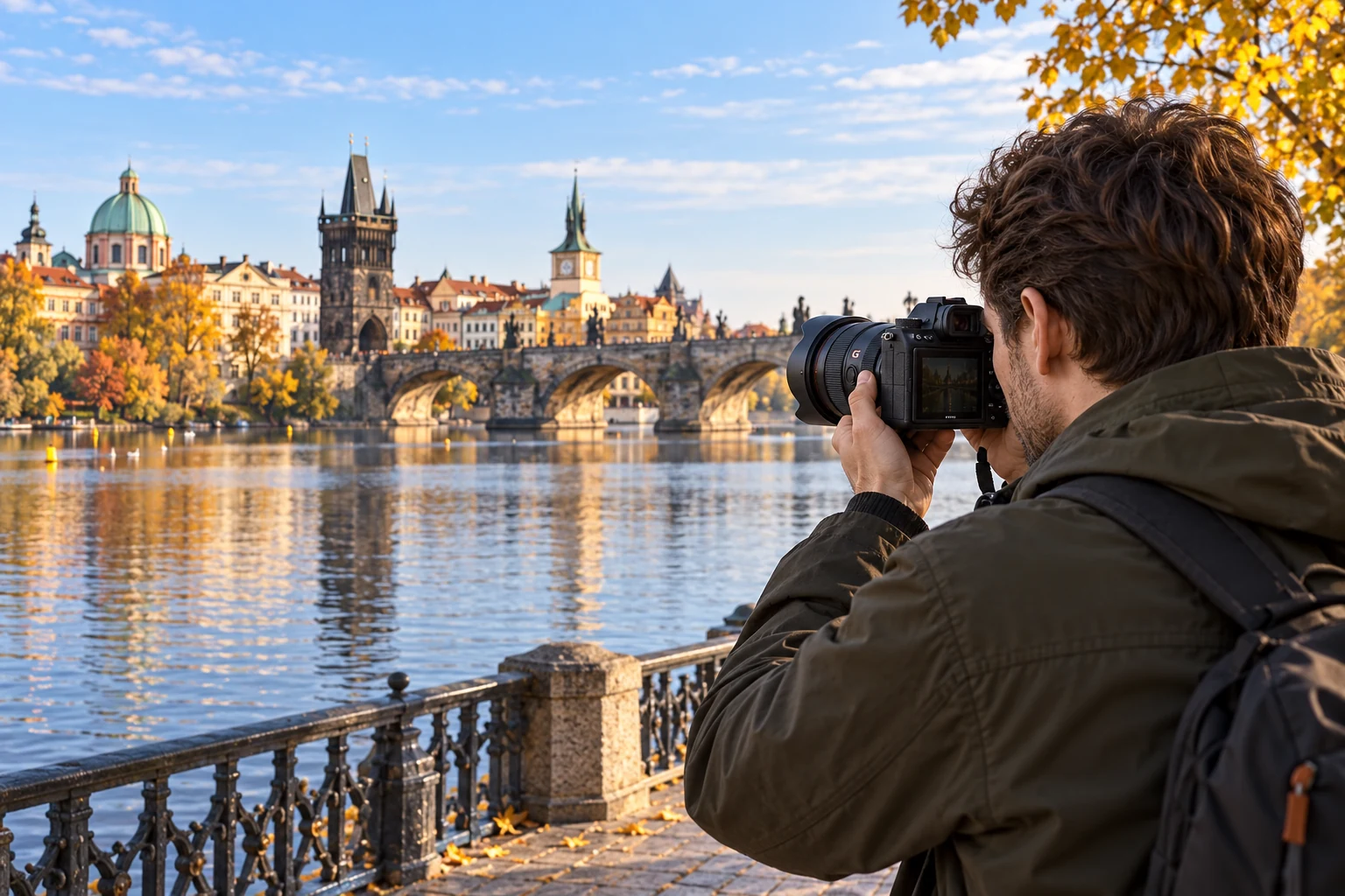 FE20–70mmを付けたSony α7 IVを構える撮影者が、川沿いの遊歩道から橋と対岸の建物へレンズを向ける場面