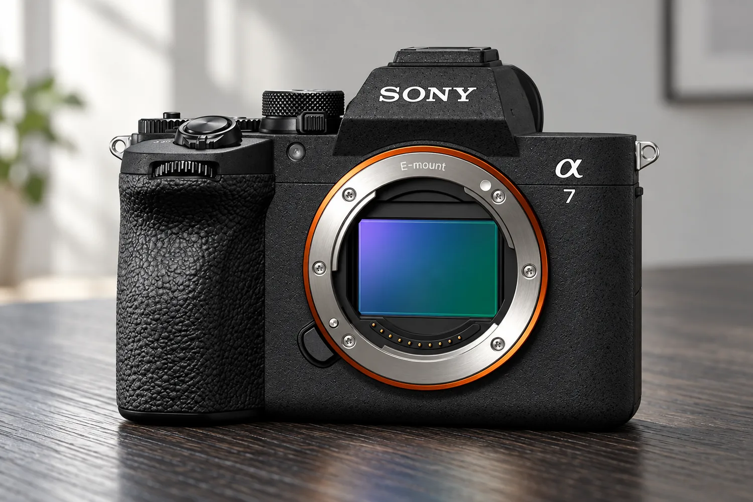 α7 Vの公式正面外観を参照して生成した、レンズを外した黒いカメラの製品画像