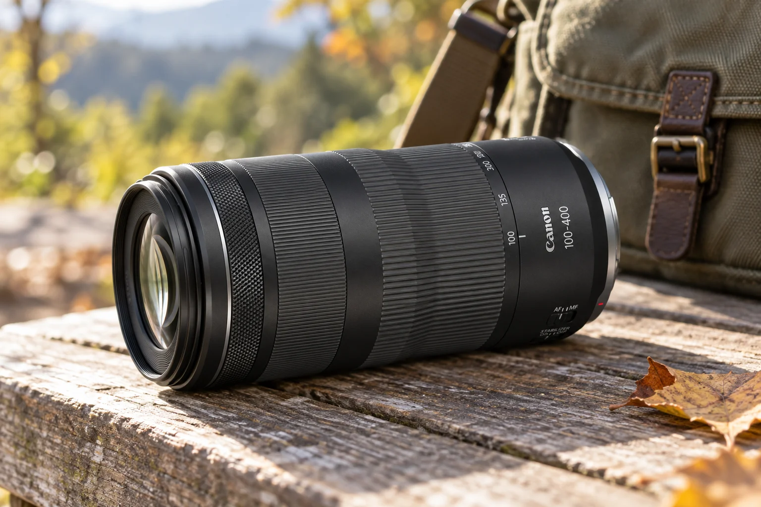 RF100-400mmの外観を参考に生成した黒色の望遠ズームレンズ
