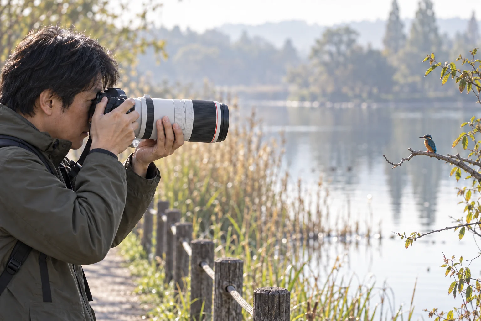 湖畔の遊歩道でRF100-500mm付きカメラを枝のカワセミへ向ける男性