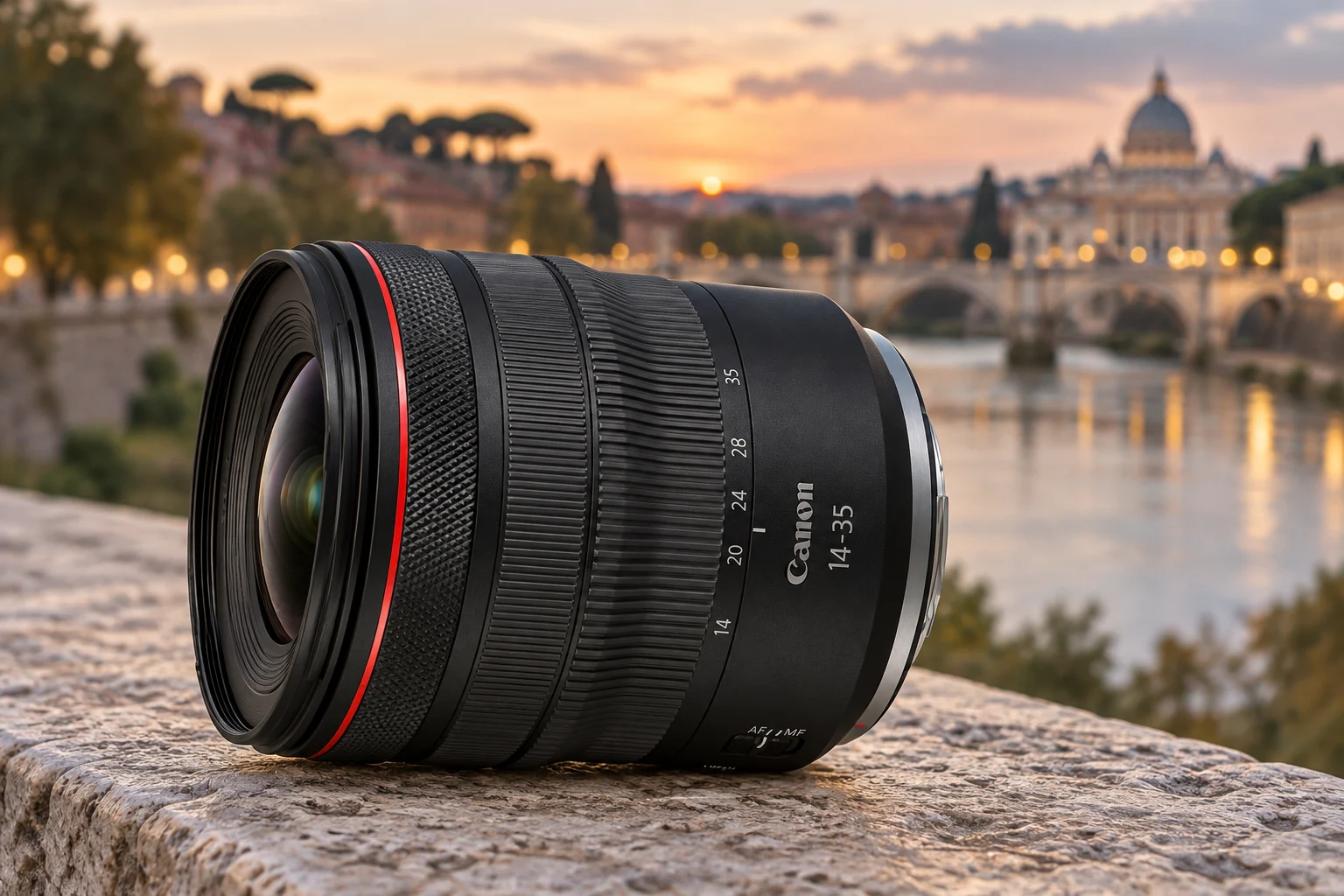 Canon RF14-35mm F4Lの公式外観を参考に生成した川沿いの石壁に置かれた広角ズーム