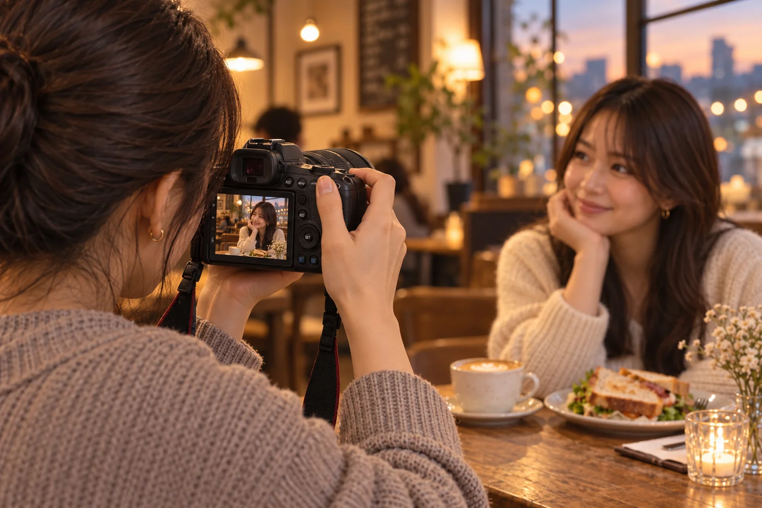 室内カフェで友人とテーブルの料理へRF16-28mmを向ける撮影者