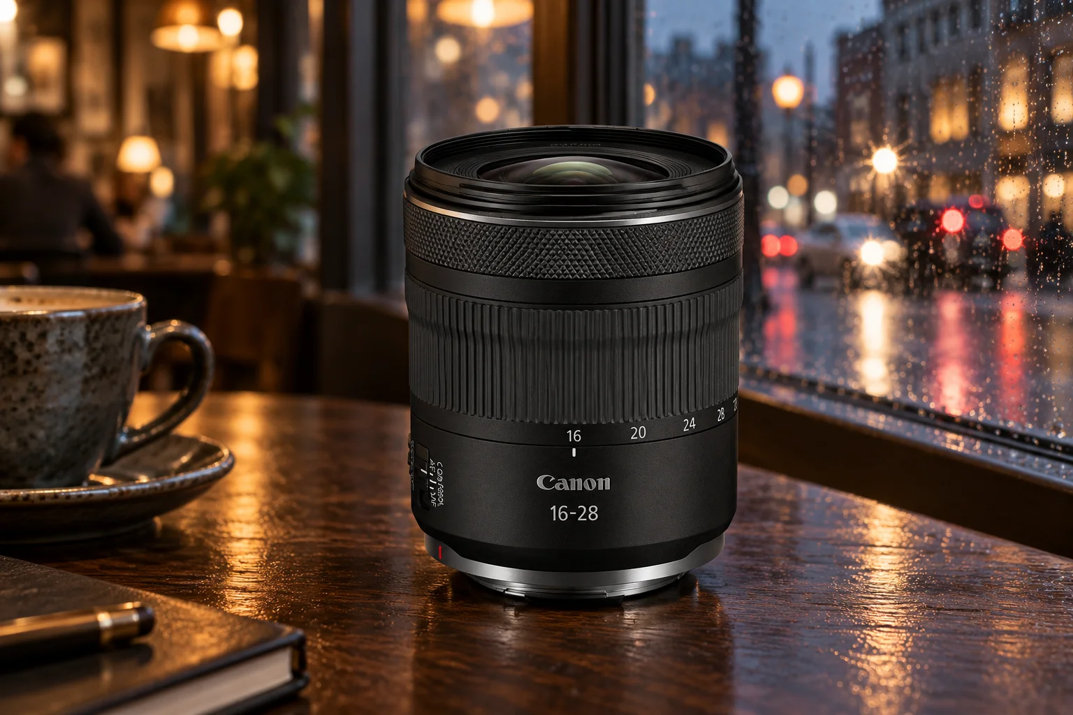 夜のカフェの窓辺に置いたキヤノンRF16-28mm F2.8 IS STM