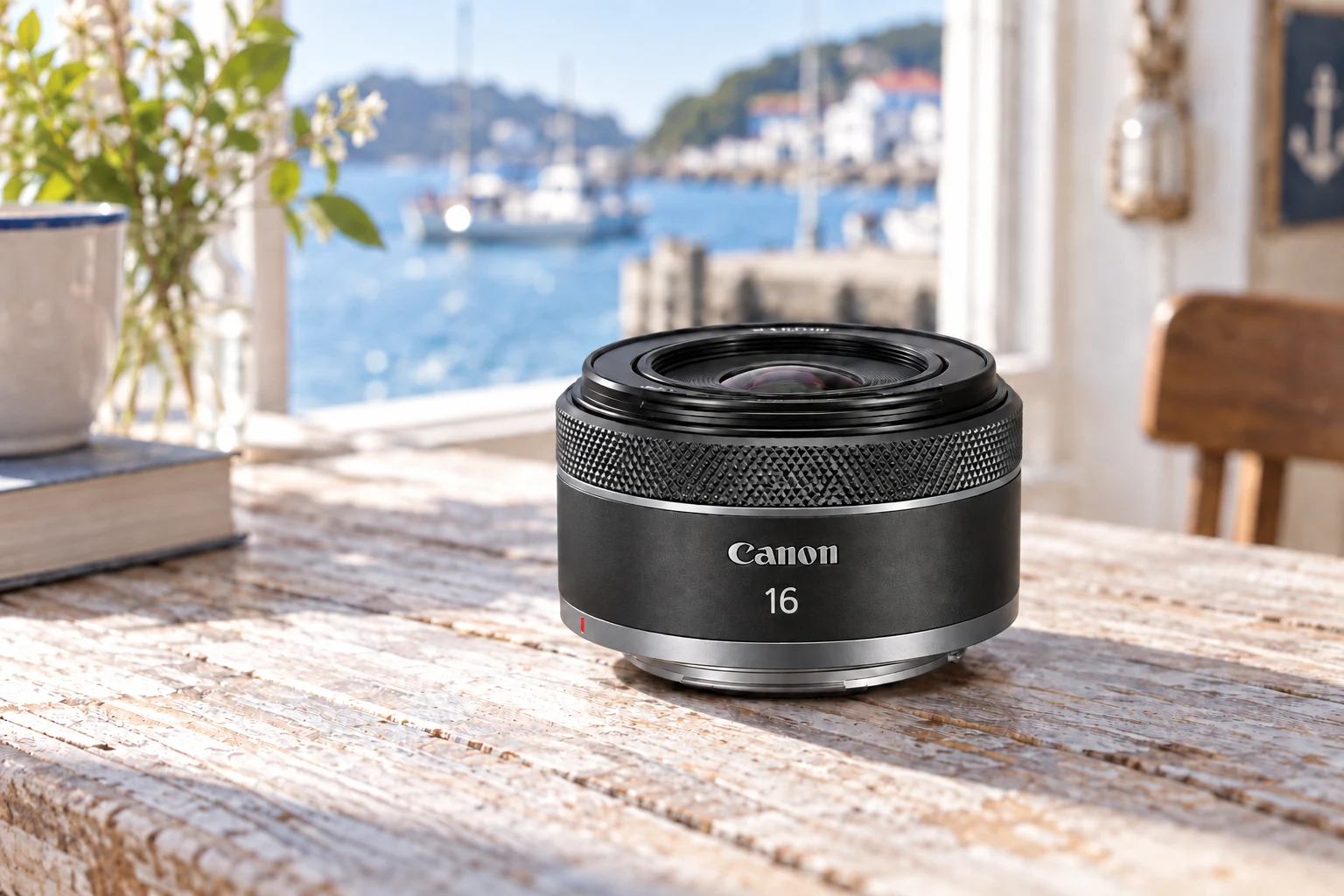 Canon RF16mmの公式外観を参考に生成した小さな単焦点レンズ