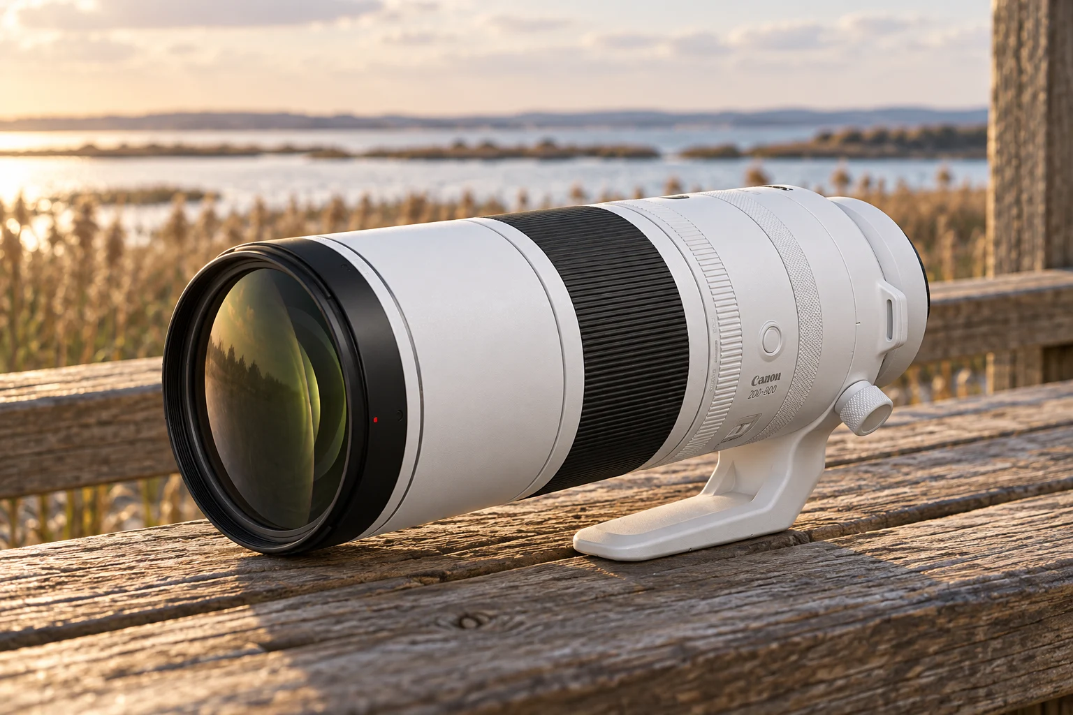 Canon RF200-800mmの公式外観を参考に生成した湿地のベンチに置かれた白い超望遠ズーム