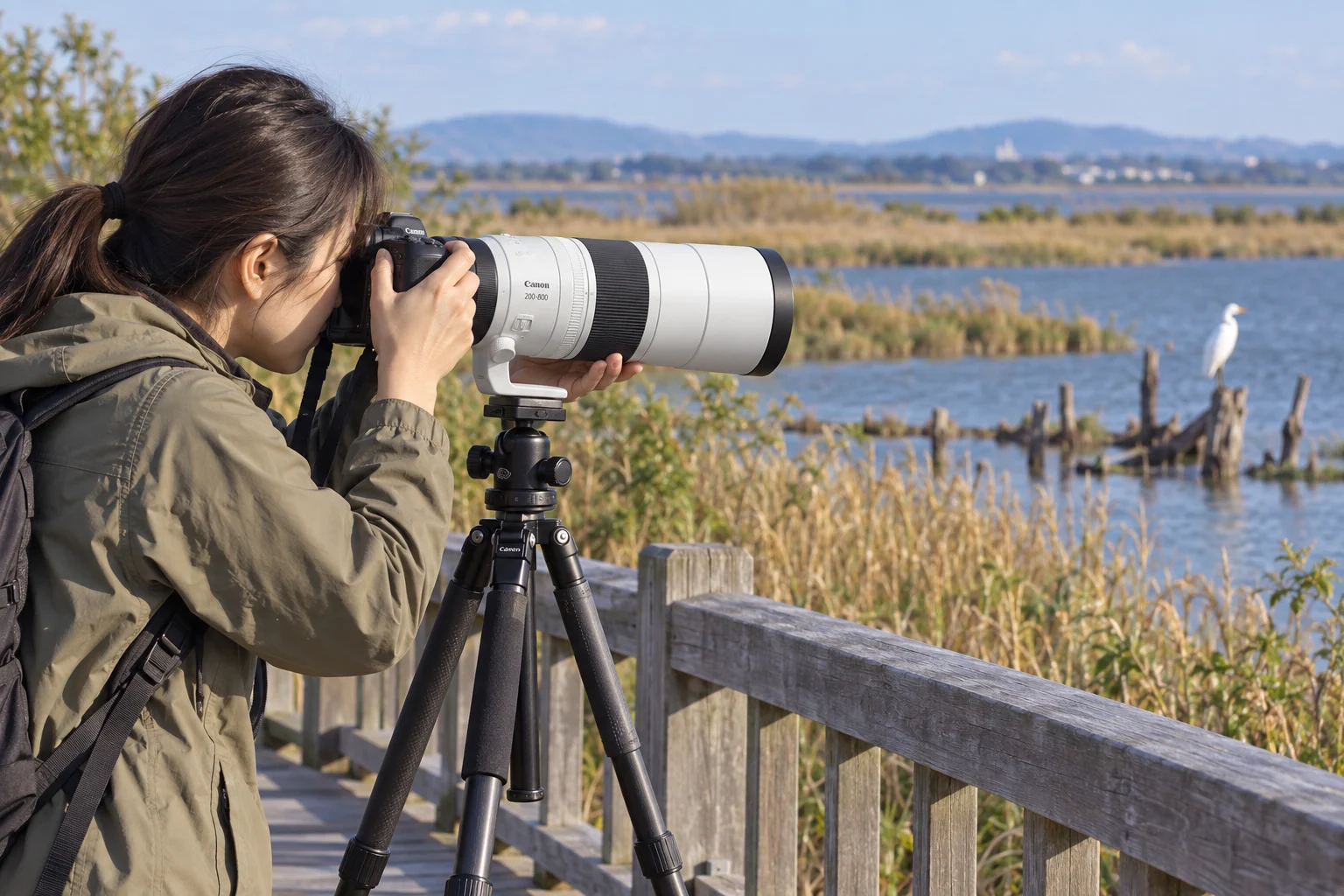 湿地の遊歩道でレンズの三脚座を三脚に載せ、遠いシラサギへRF200-800mmを向ける女性