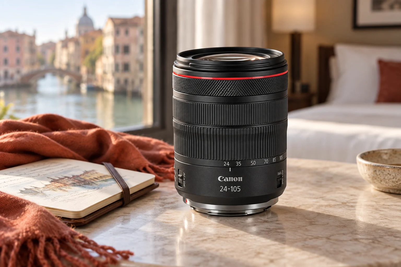 RF24-105mm F4 Lの外観を参考に生成した赤いリングの黒色標準ズーム