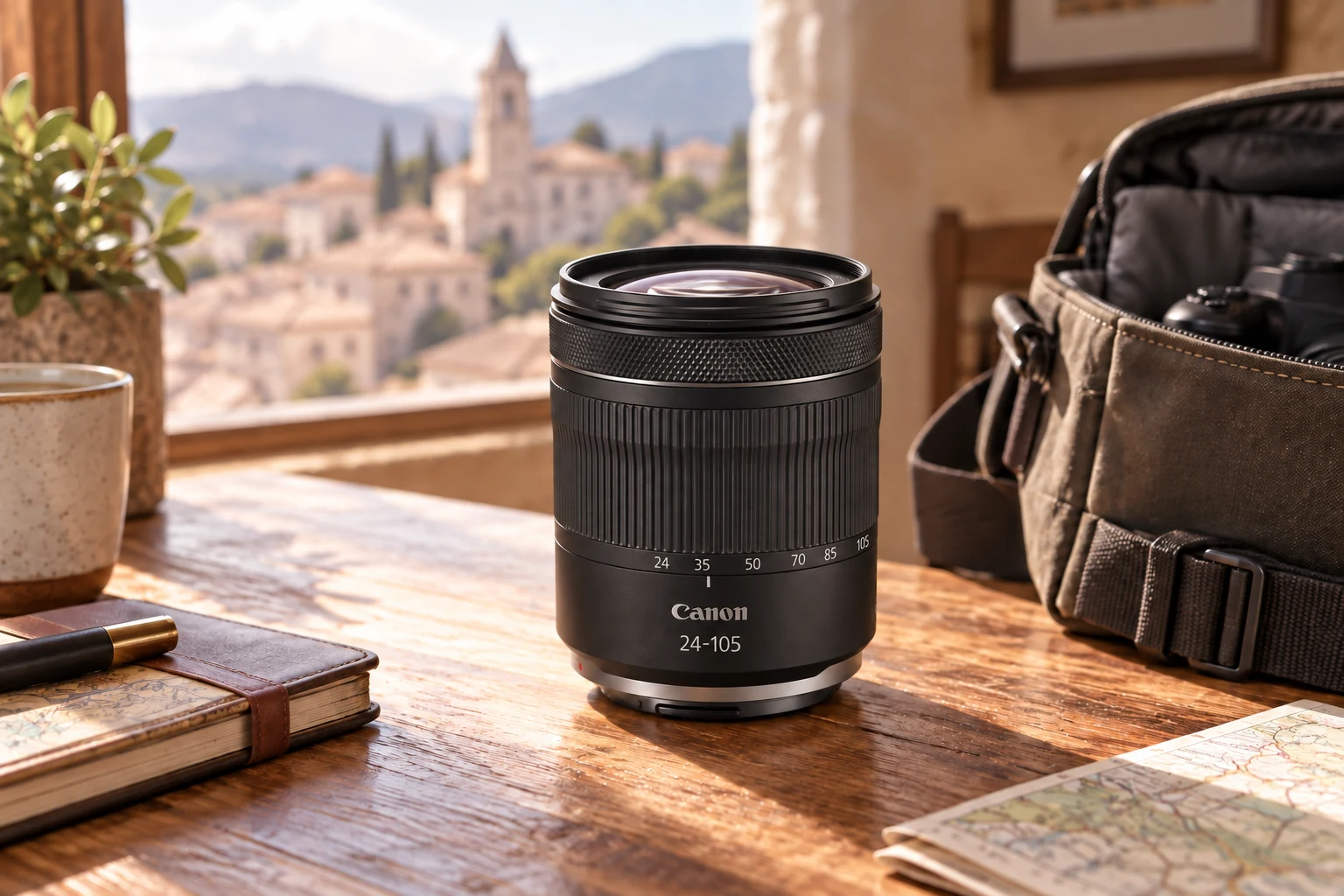 Canon RF24-105mm F4-7.1の公式外観を参考に生成した旅の宿の標準ズーム