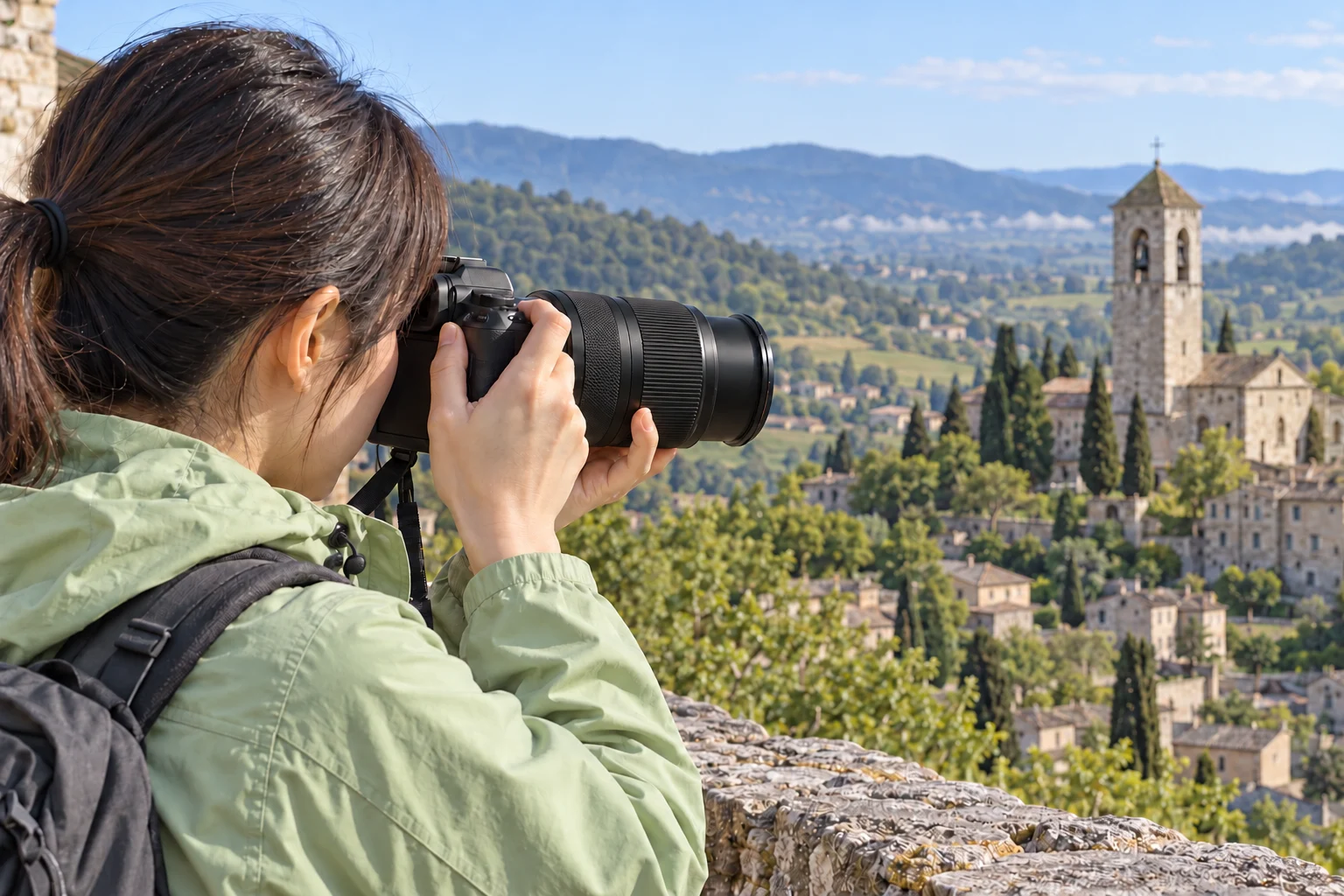 丘の展望台でRF24-240mm付きカメラを遠くの石の塔へ向ける女性