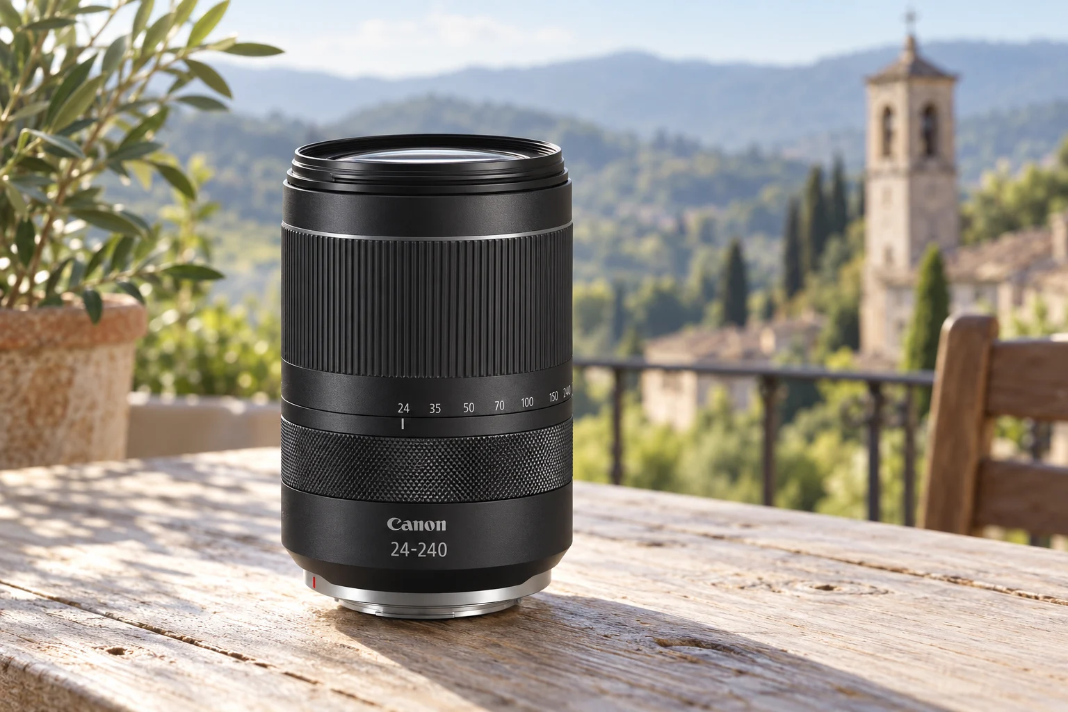 Canon RF24-240mmの公式外観を参考に生成した丘の宿の高倍率ズーム