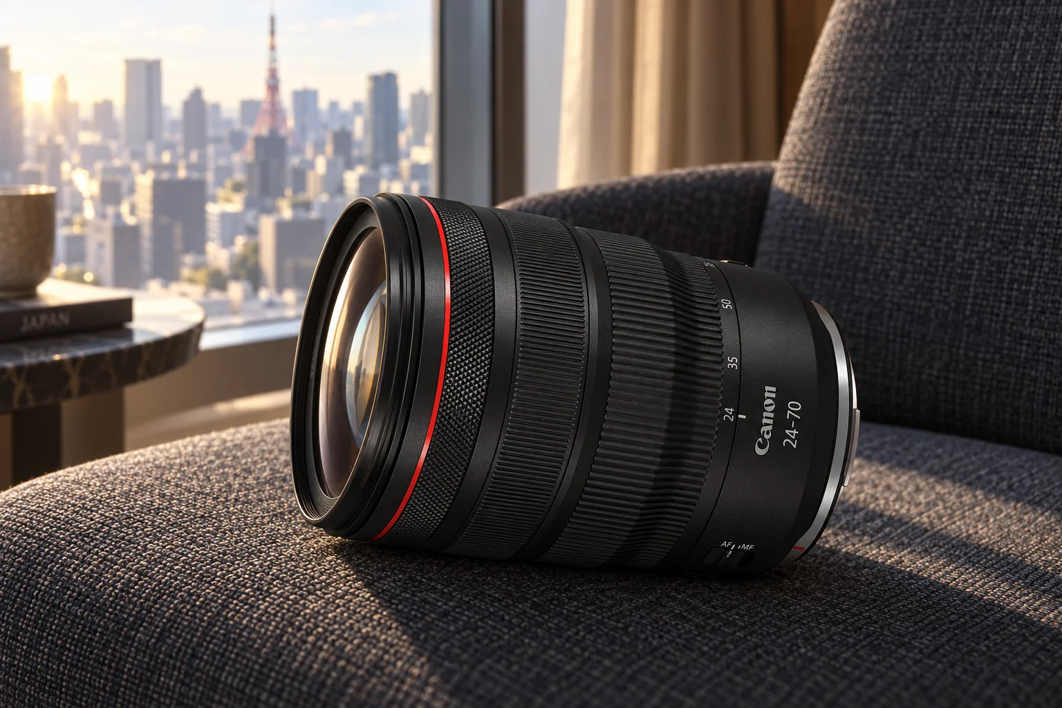 朝のホテルの窓辺に置いたキヤノンRF24-70mm F2.8 L IS USM