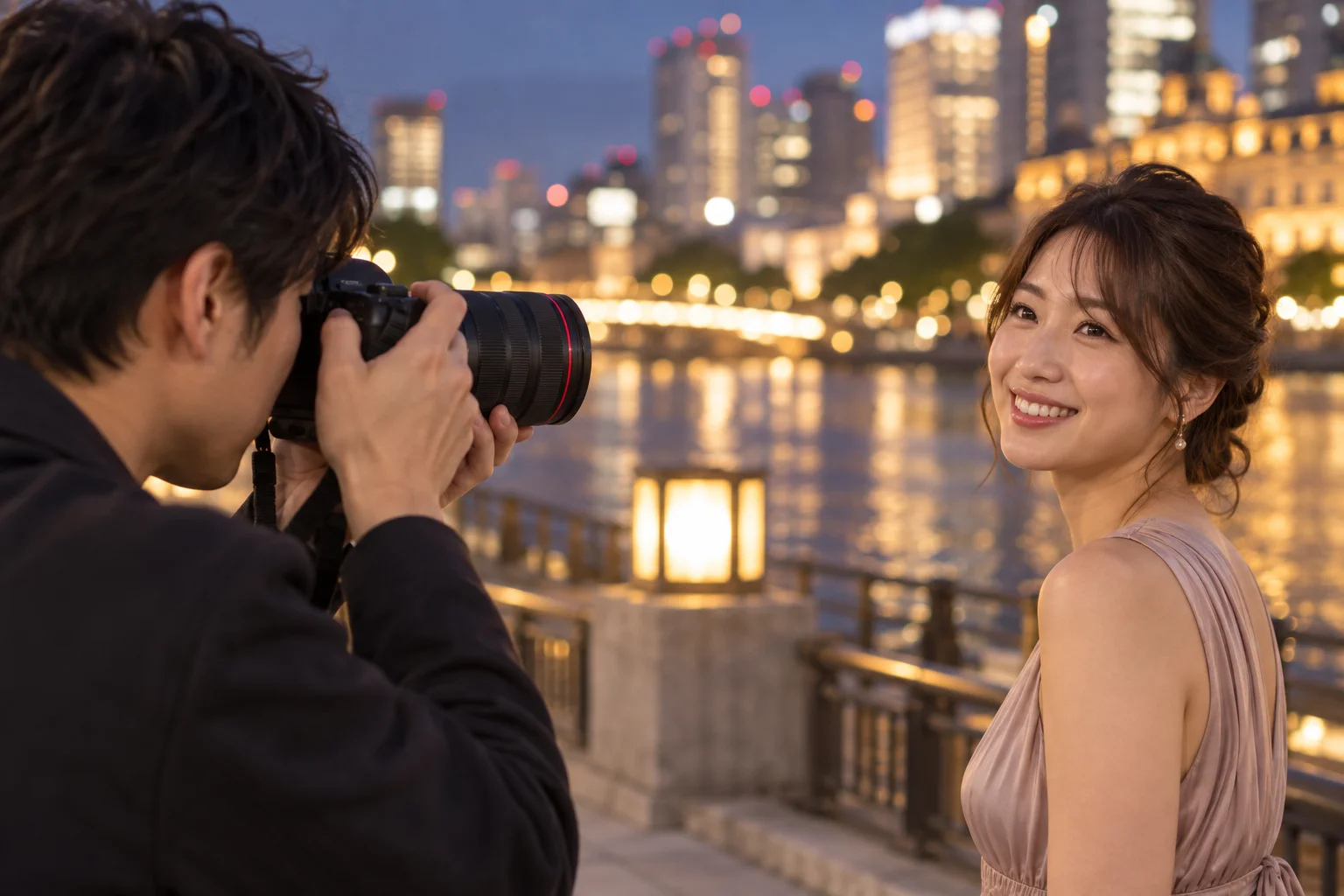 夕方の川沿いで同行者へRF24-70mm F2.8を向ける撮影者
