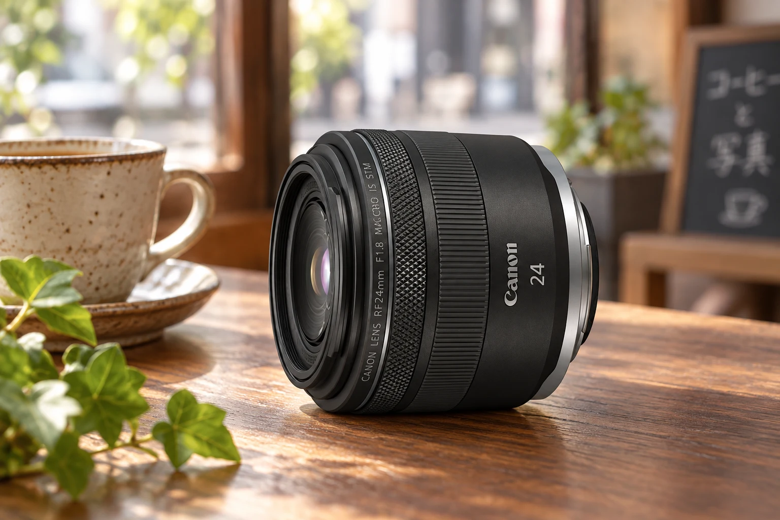 Canon RF24mmの公式外観を参考に生成したカフェのテーブルの広角単焦点