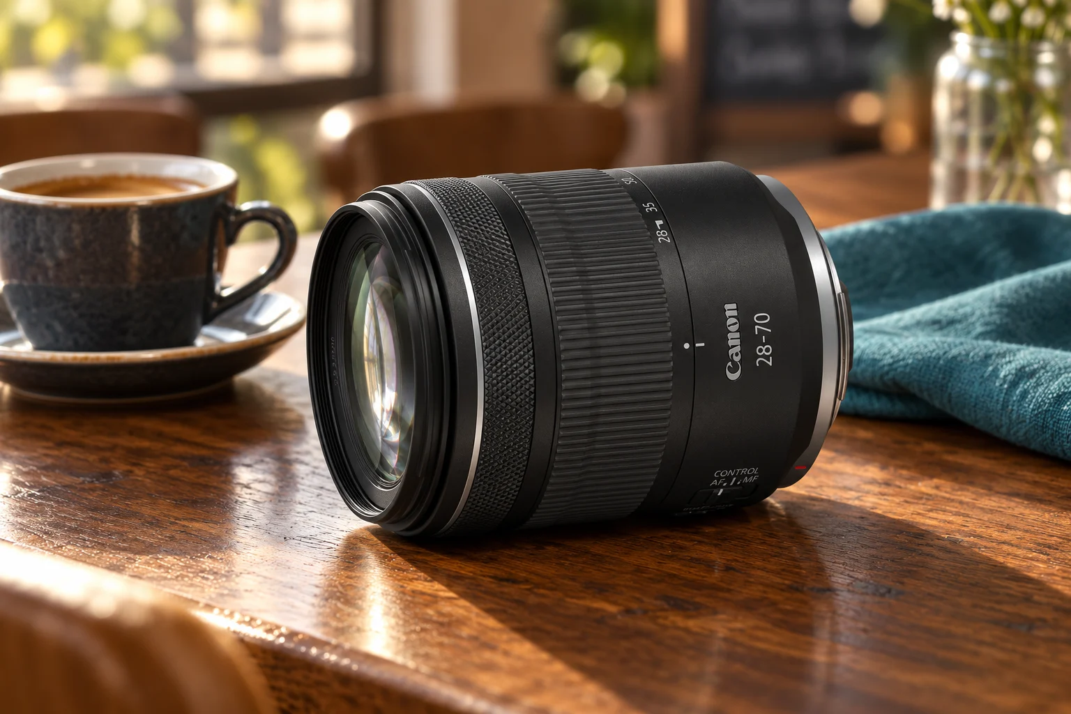 RF28-70mm F2.8の外観を参考に生成した銀色の細線がある黒い標準ズーム