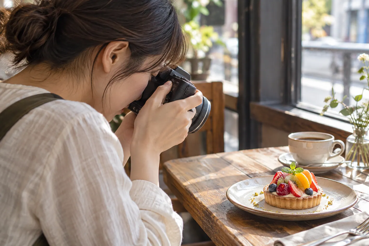 カフェの自分のテーブルで、タルトへカメラを近づけて撮る人