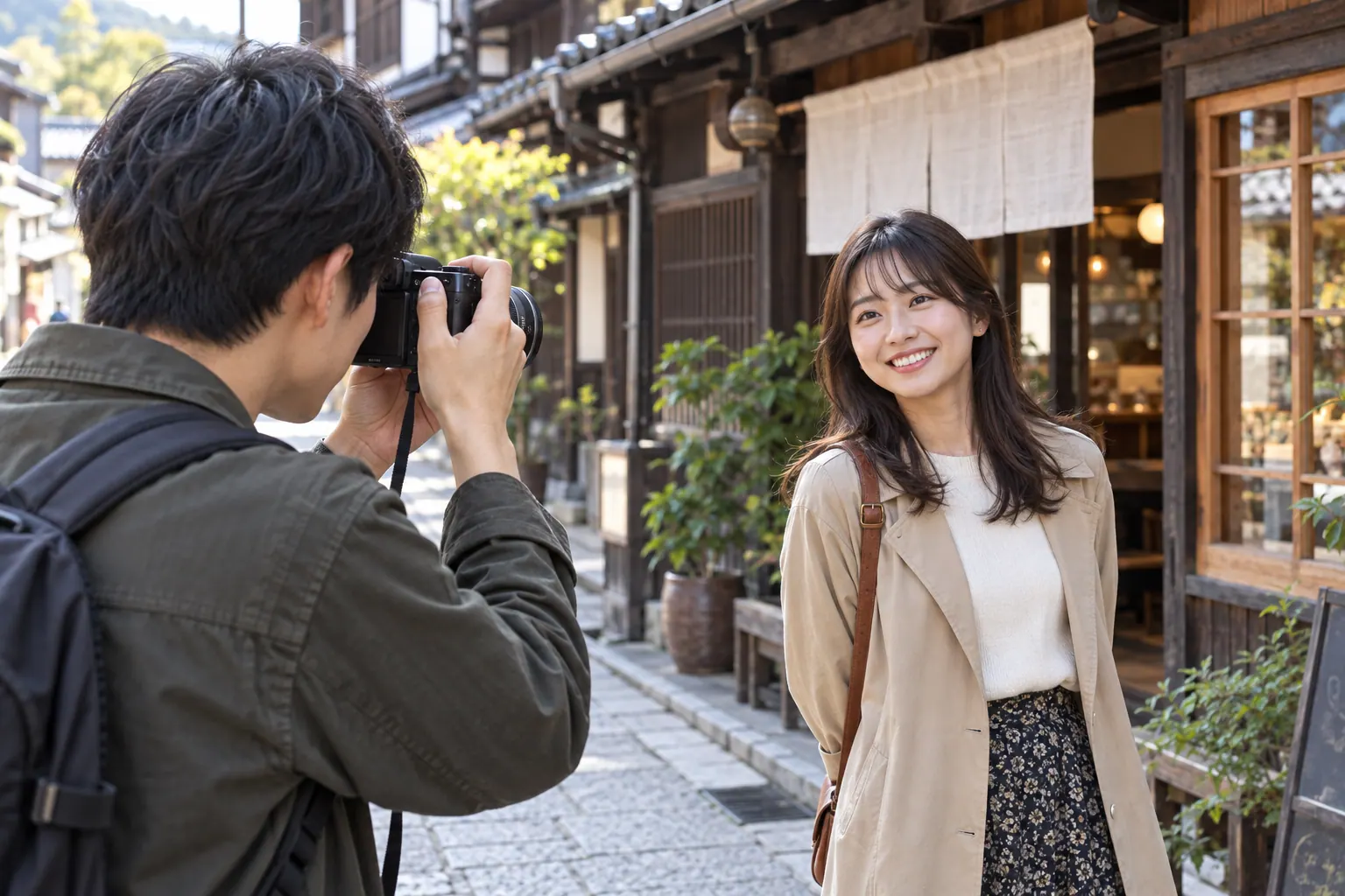 街のカフェの前に立つ同行者へ、薄い単焦点レンズを付けたカメラを向ける人