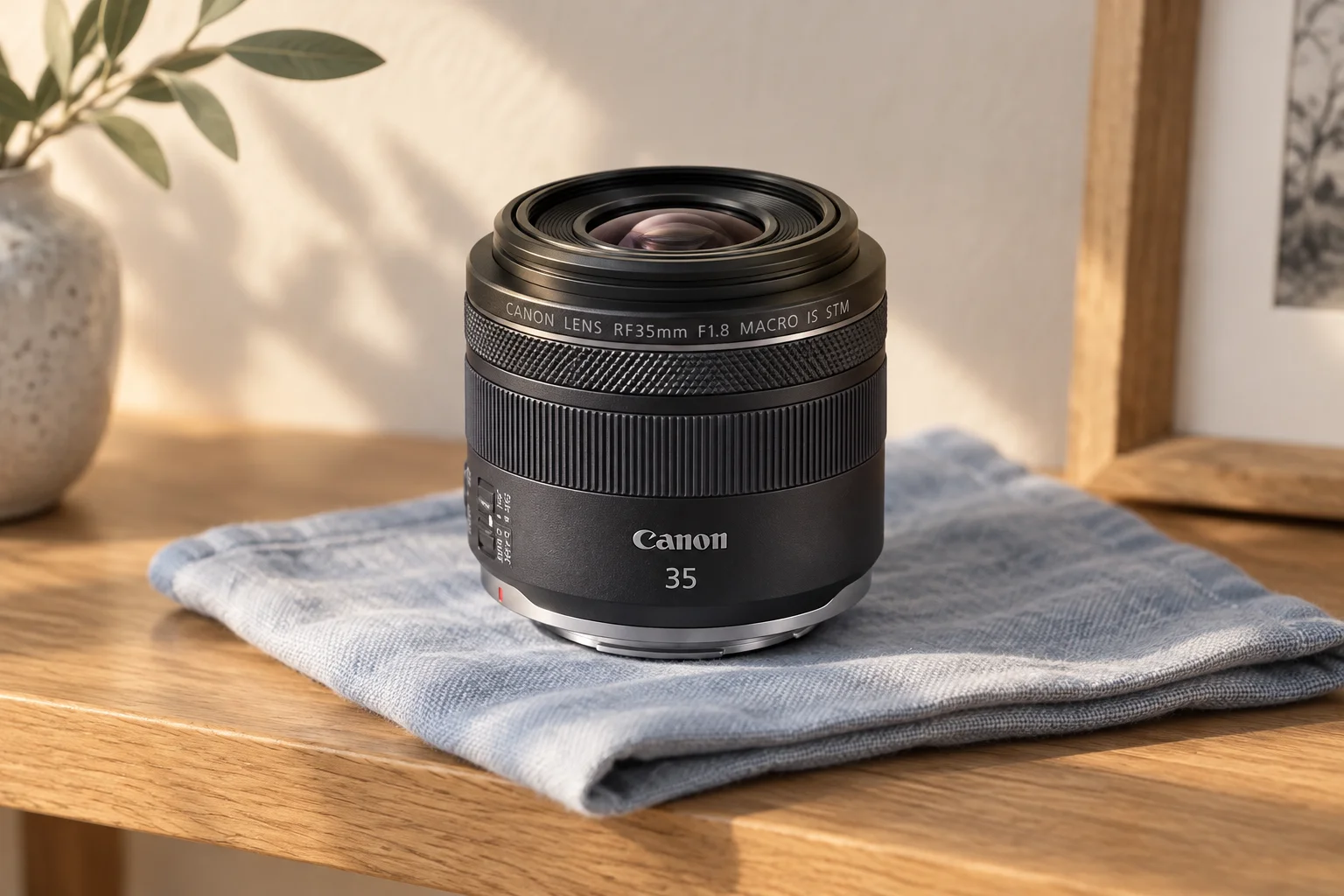 RF35mm F1.8の外観を参考に生成した黒色の単焦点レンズ