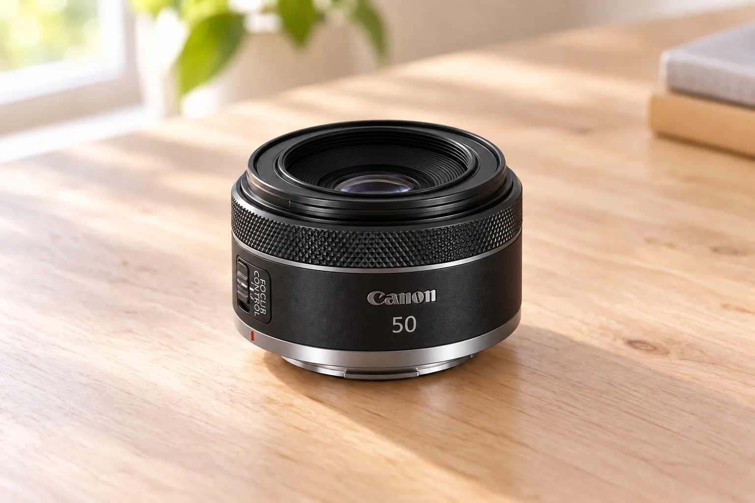 RF50mm F1.8 STMの公式外観を参考に生成した小型の黒色単焦点レンズ