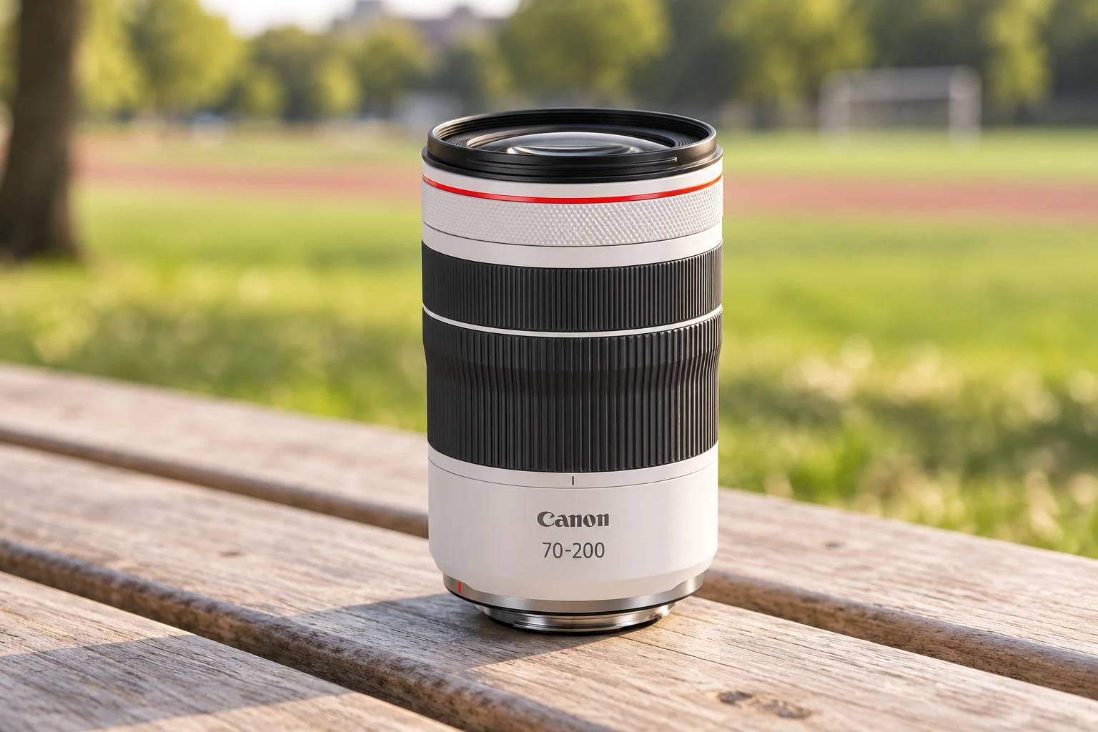 Canon RF70-200mm F4Lの公式外観を参考に生成した白い小型望遠ズーム