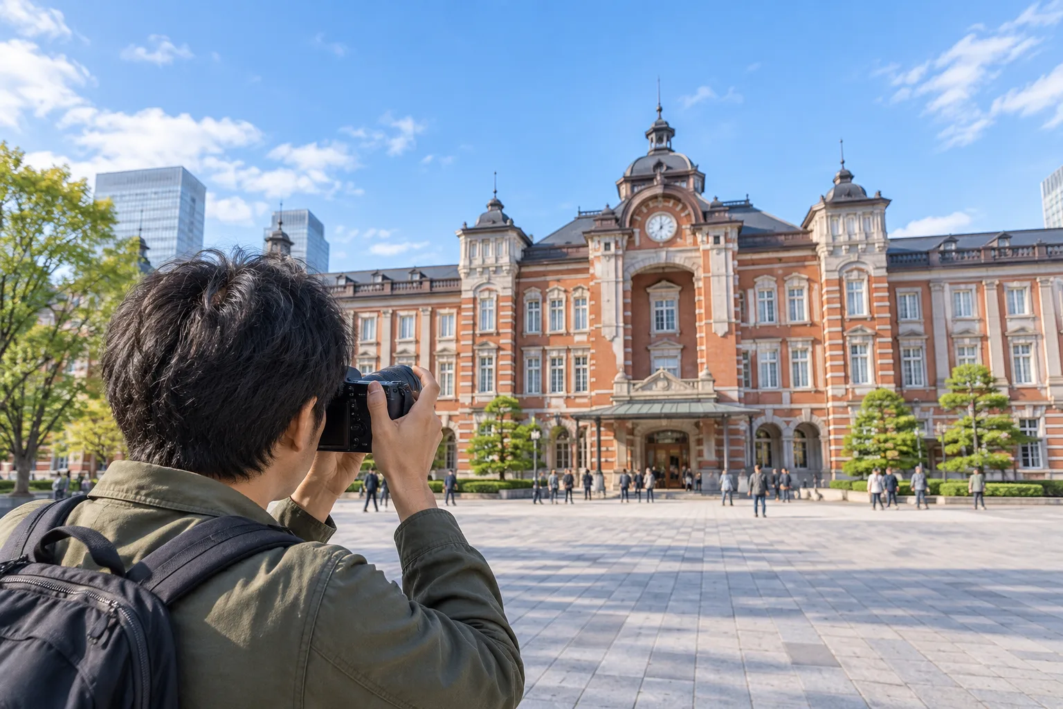 旅先の広場で、赤れんがの建物へカメラを向ける撮影者