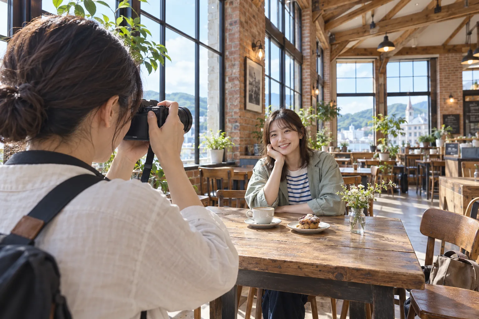 カフェで、向かいに座る同行者と店内へカメラを向ける撮影者