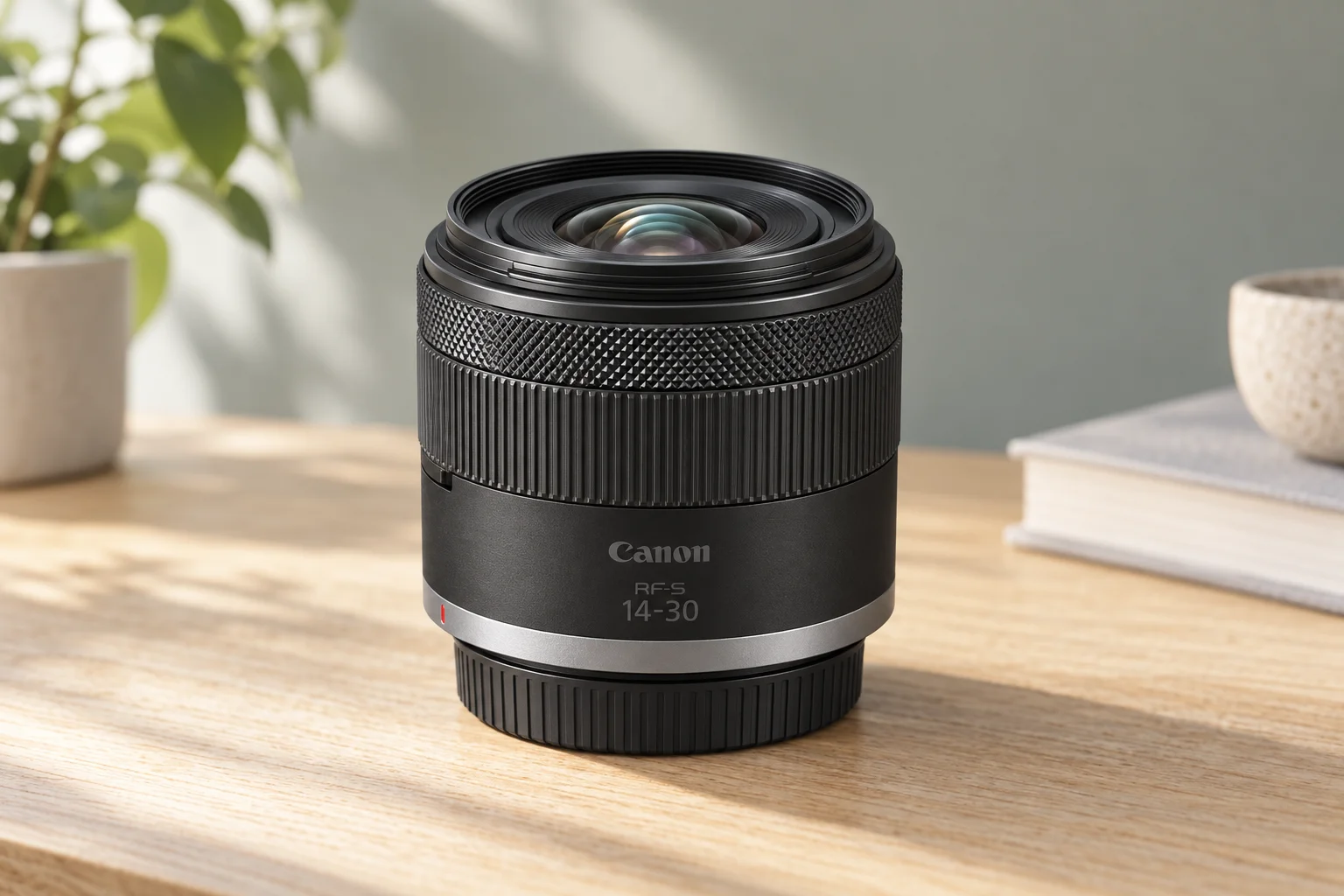 RF-S14-30mmの外観を参考に生成した黒色の小型広角ズームレンズ