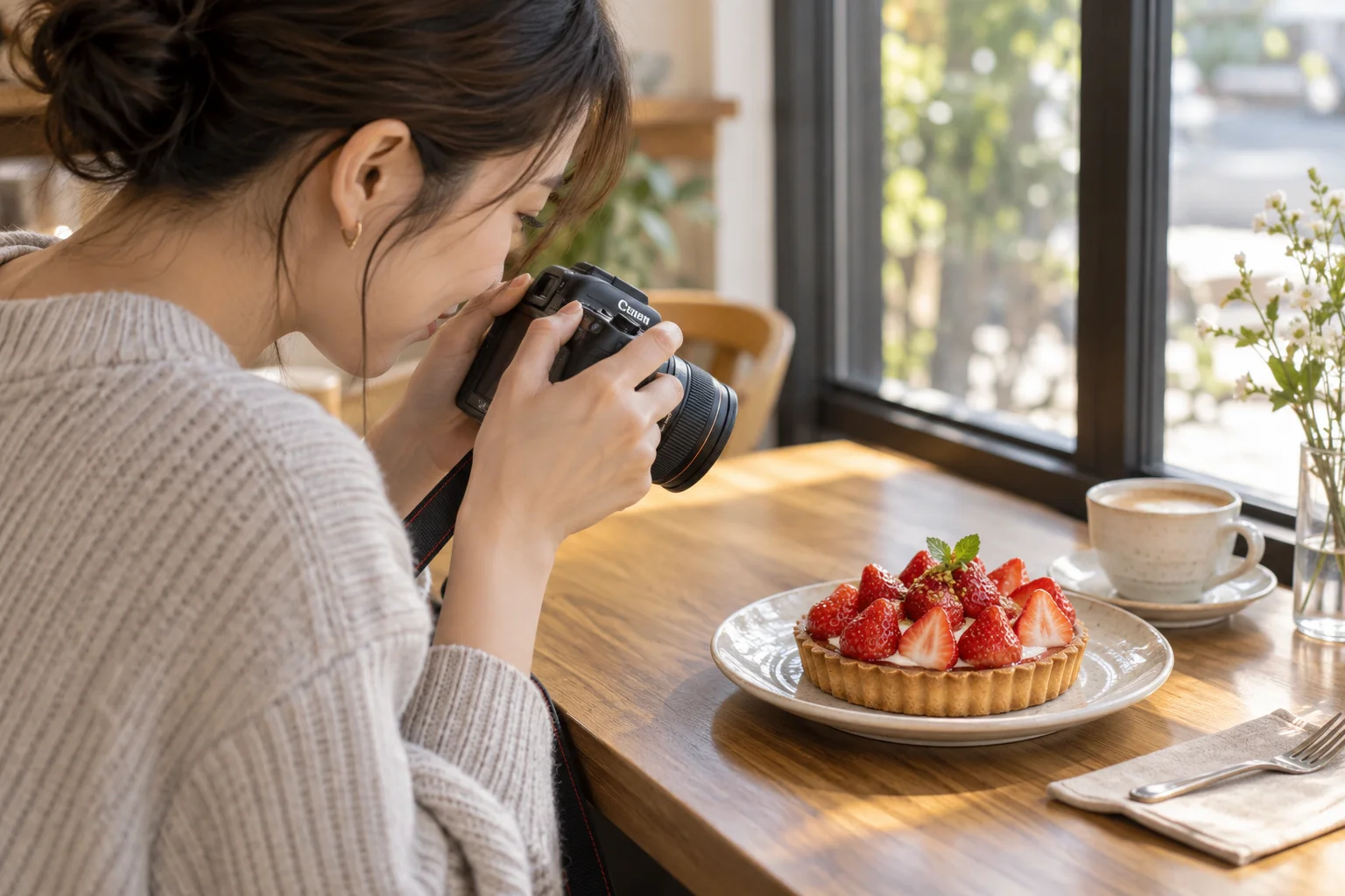 カフェのテーブルで、いちごのタルトへカメラを近づけて撮る人