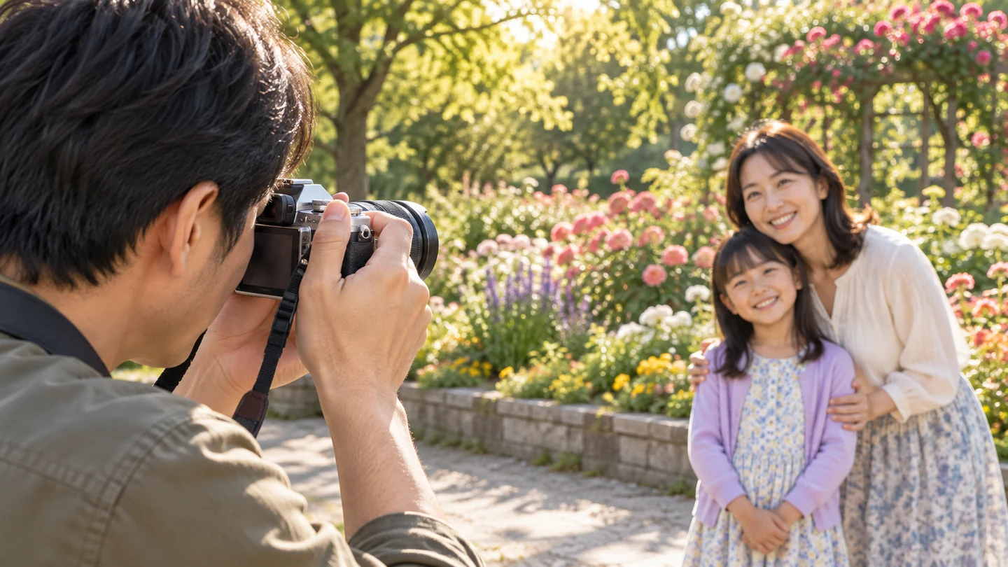 E-M10 Mark IVと12–45mmを、花壇の前に立つ家族へ向けて撮影する親