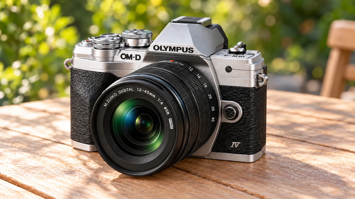 OM-D E-M10 Mark IVと12–45mm PROの公式外観を参考に生成した製品イメージ