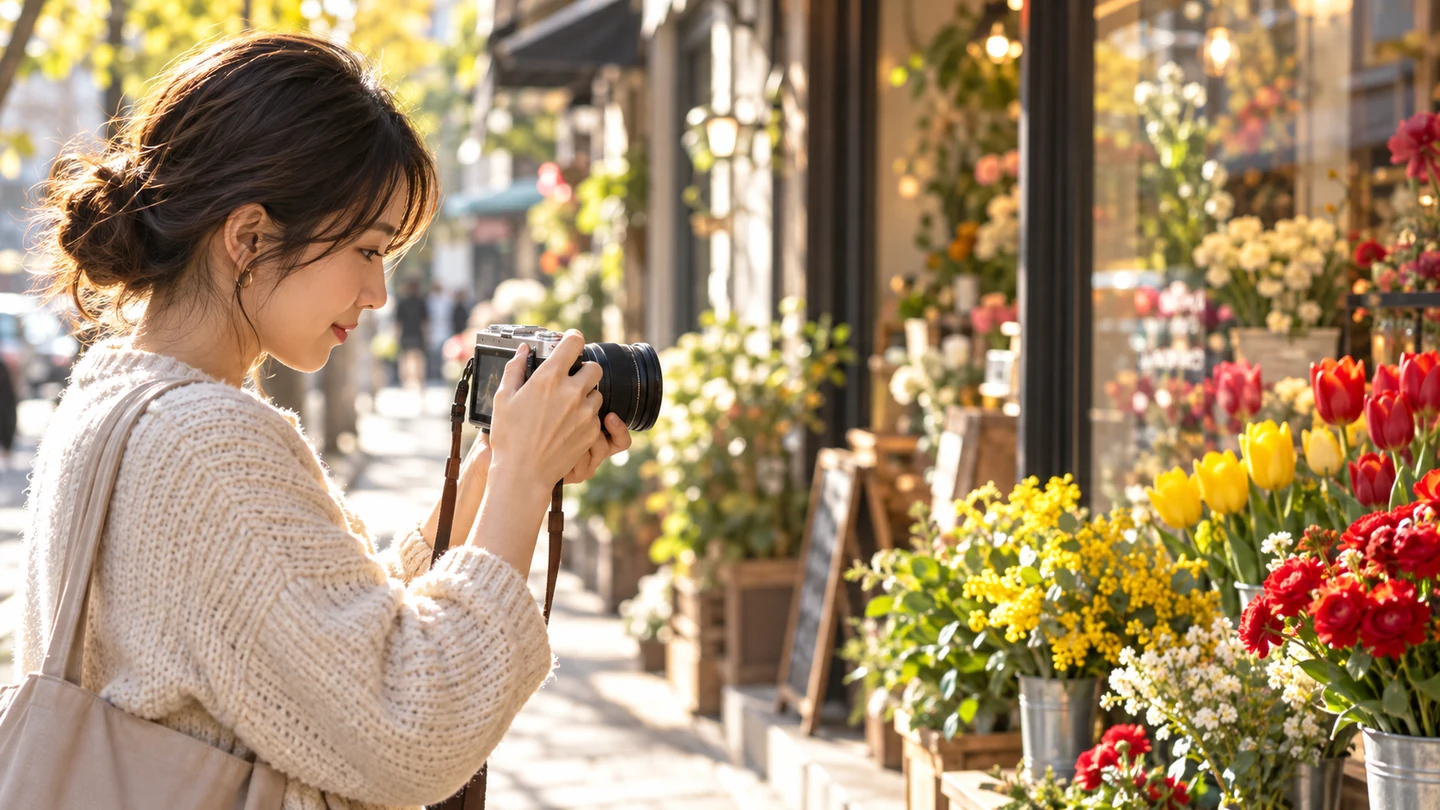 E-P7と12–45mmを花屋の窓辺へ向け、背面液晶を見て撮影する散歩中の人