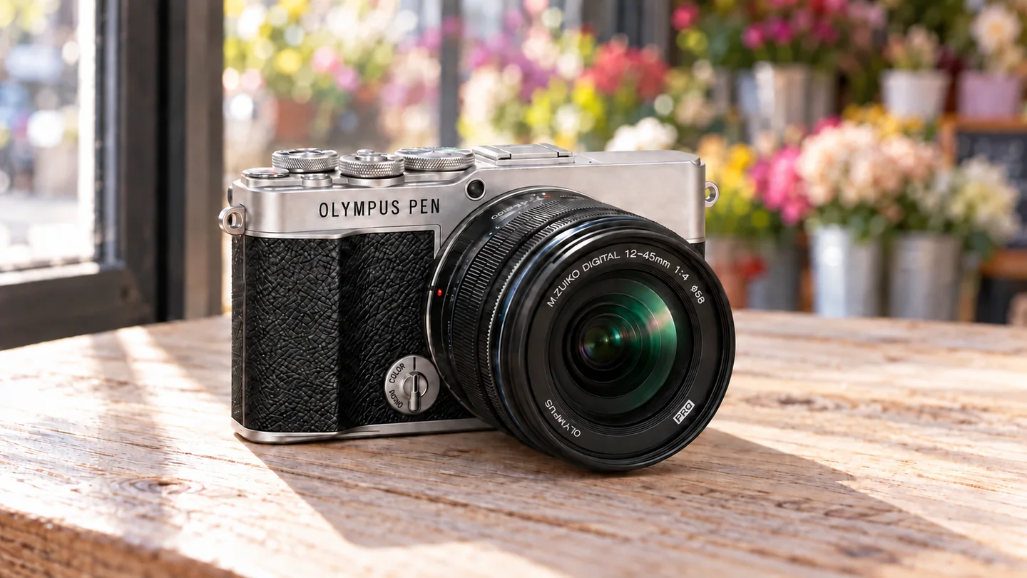 PEN E-P7と12–45mm PROの公式外観を参考に生成した製品イメージ