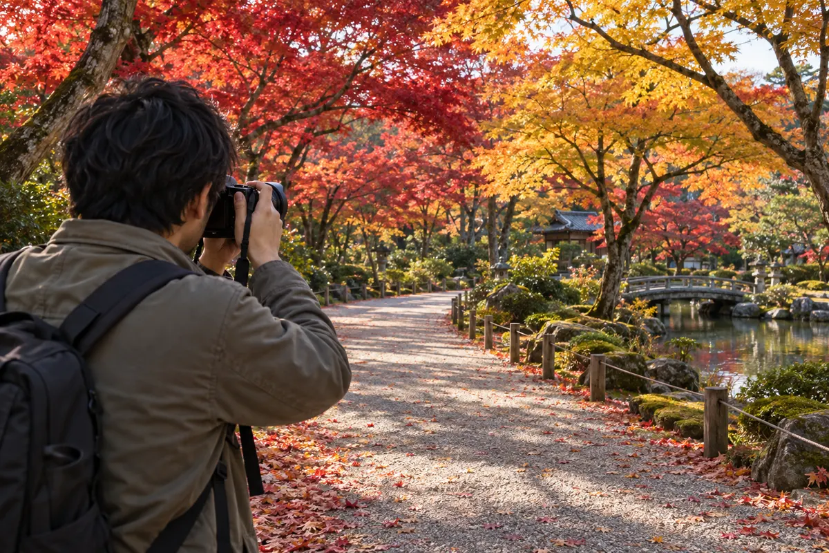 庭園の道から、紅葉した木々と池へ小型カメラを向ける撮影者