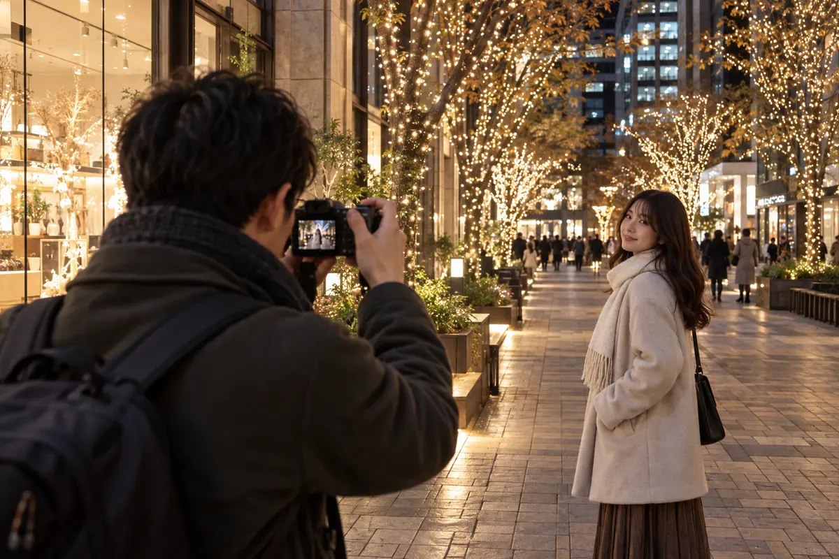 イルミネーションの並木道で、同行者へ小型カメラを向ける撮影者