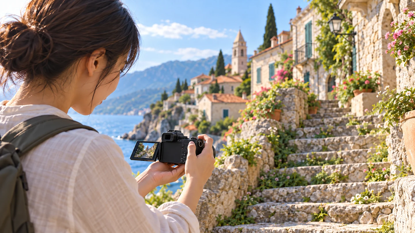 G100Dと12–32mmを石段へ向け、横に開いた液晶を見て低い位置から撮影する旅行者