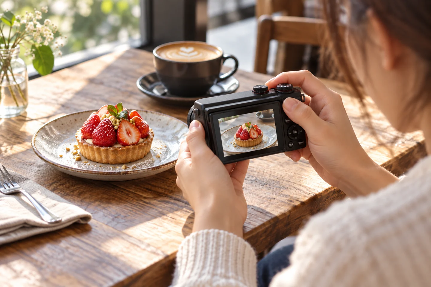 カフェでG7 X Mark IIIをタルトへ向け、液晶で構図を確かめる撮影者