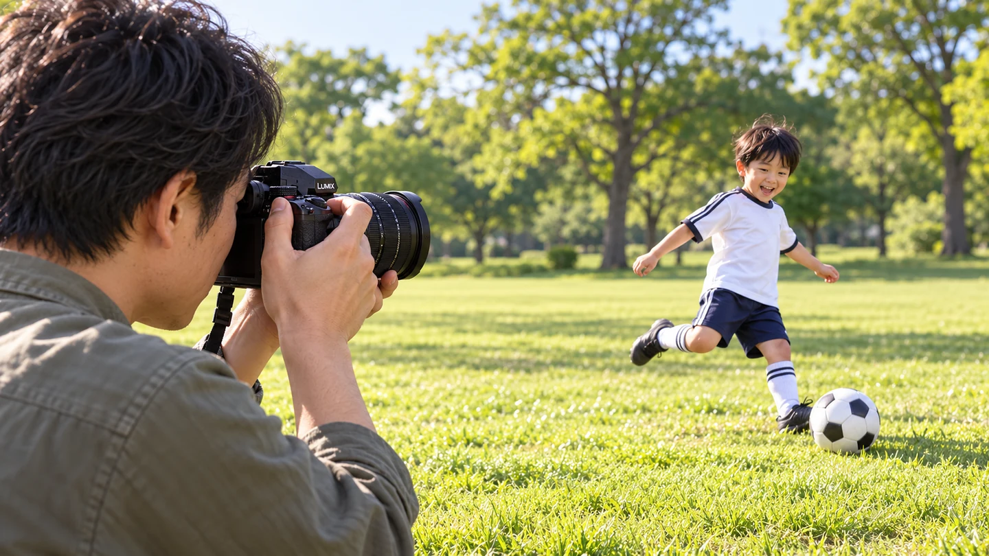 G9PRO IIと12–60mmを、芝生でボールを蹴る子どもへ向けて撮影する親