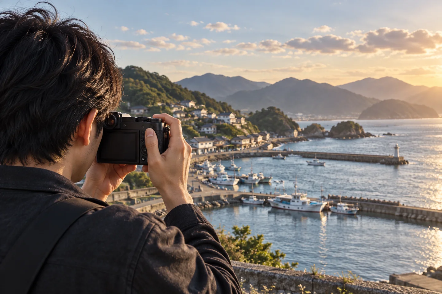 GFX100RFのファインダーをのぞき、港の船と横へ続く海岸線を撮る撮影者
