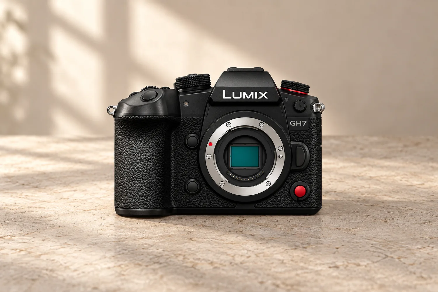 GH7の公式正面外観を参照して生成した、レンズを外したブラックのLUMIXカメラの製品画像