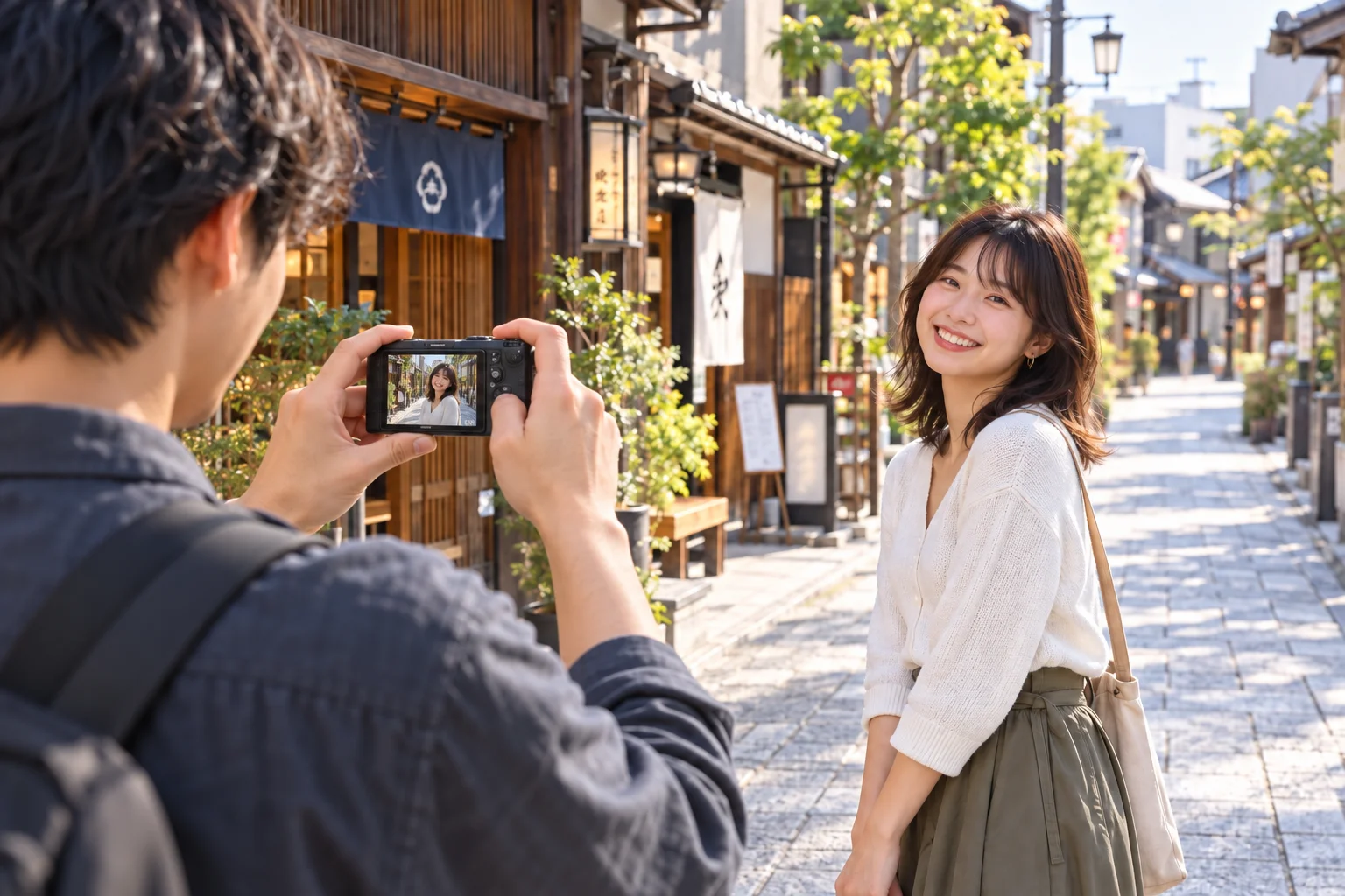 商店街で友人へGR IVを向け、人物と街並みを一緒に撮る場面