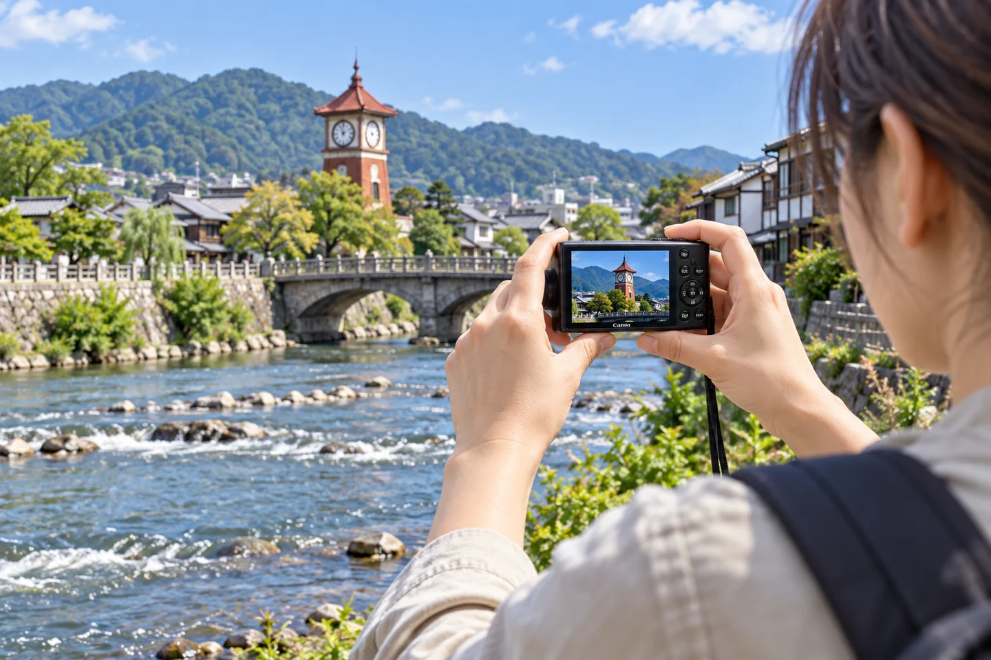 旅先の川沿いでIXY 650 mを対岸の時計塔へ向ける旅行者