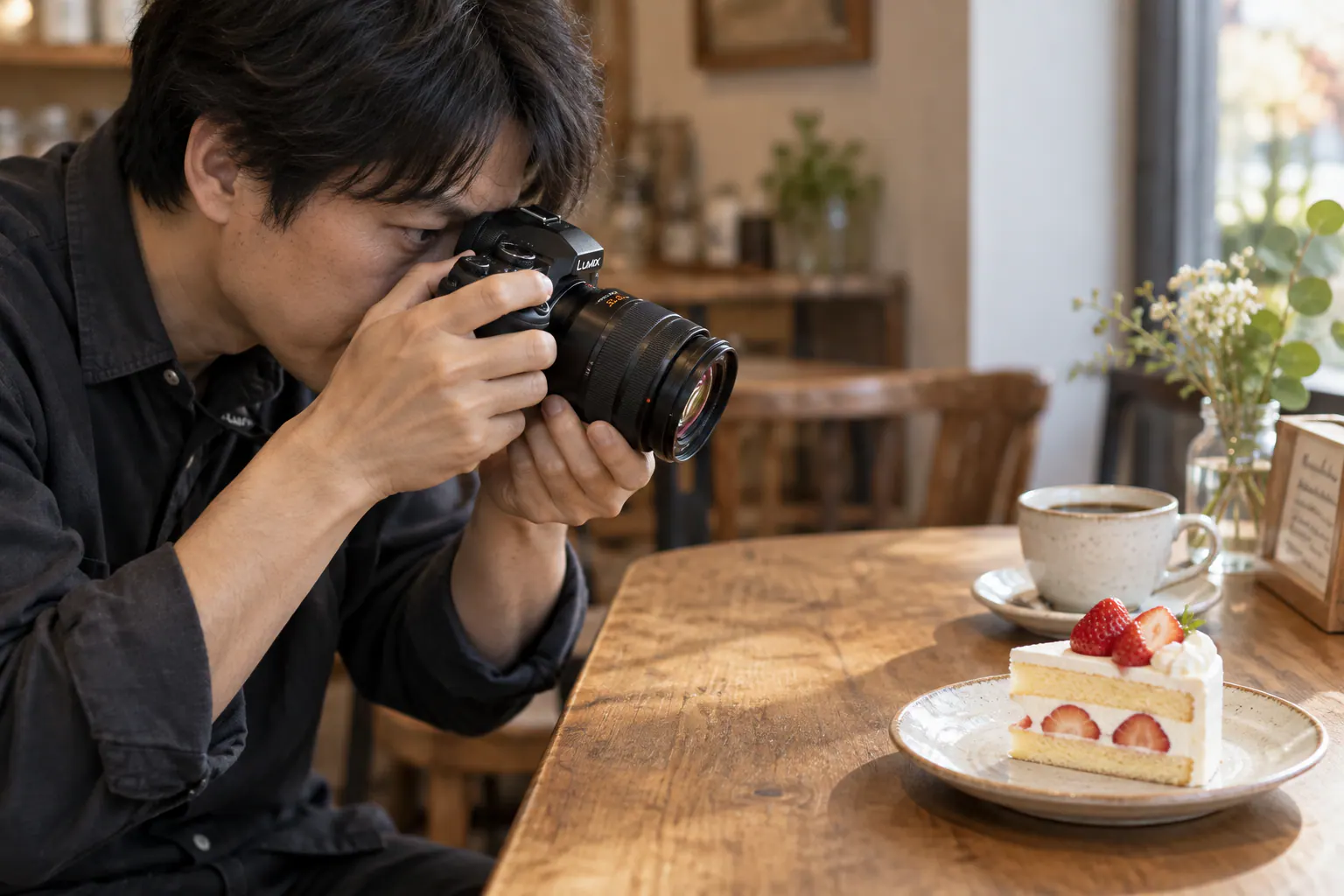 LEICA DG 12–35mm付きカメラでカフェのケーキとコーヒーを撮る場面