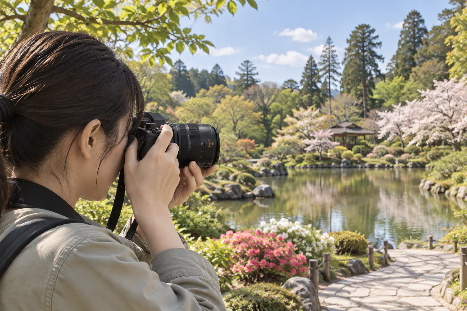 LEICA DG 12–60mm付きカメラを庭園の池と木々へ向けて撮る場面