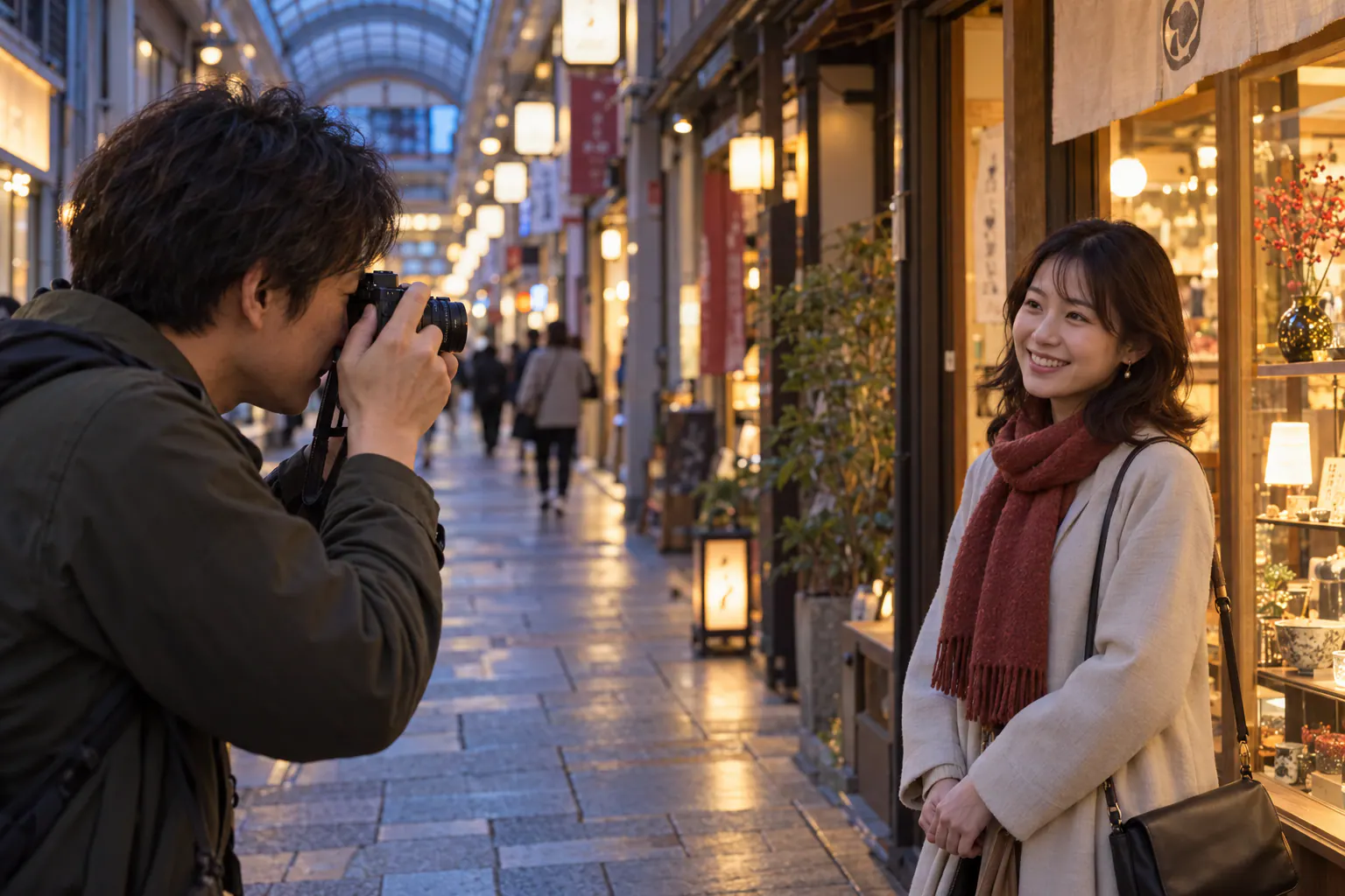 LEICA DG 15mm F1.7付きカメラで、夕方の商店街の同行者と店先を撮る撮影者