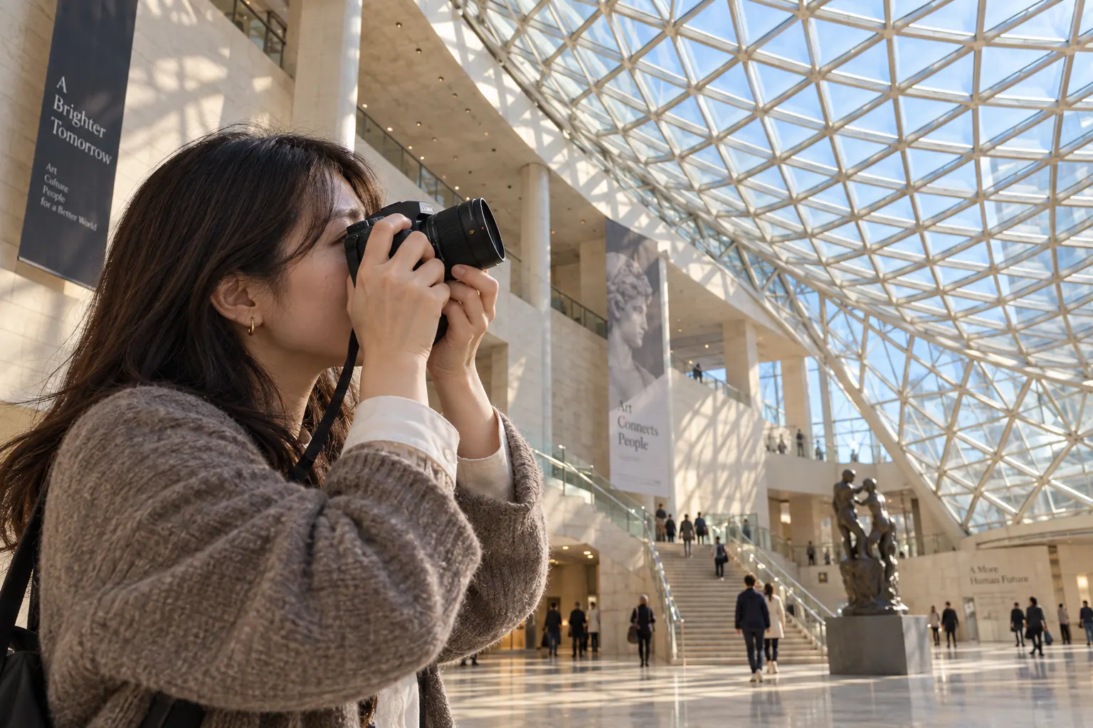 LEICA DG 9mm F1.7付きカメラを、美術館の吹き抜けとガラス天井へ向ける撮影者