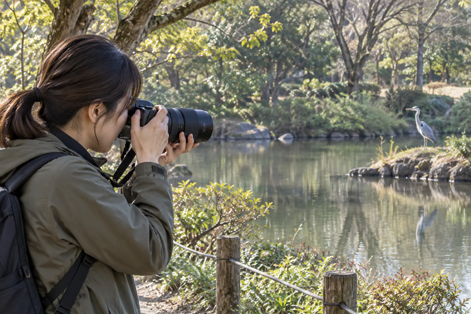 LUMIX G 100–300mm II付きカメラを池の向こうのサギへ向ける撮影者