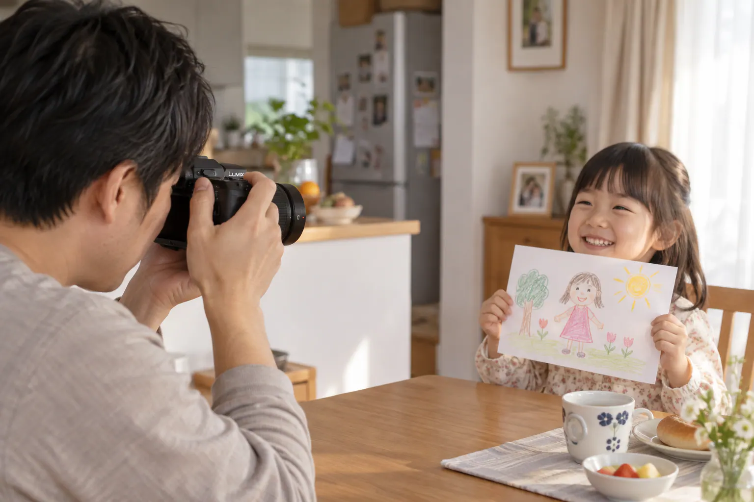 絵を見せる子どもの表情へ、25mm F1.7付きカメラを向けて撮る場面